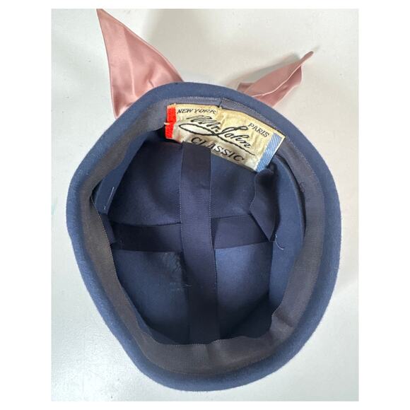 Vintage Mr John Navy Blue Pill Box Hat Pink Satin Bow Peachbloom Velour Fur Felt - Picture 6 of 6